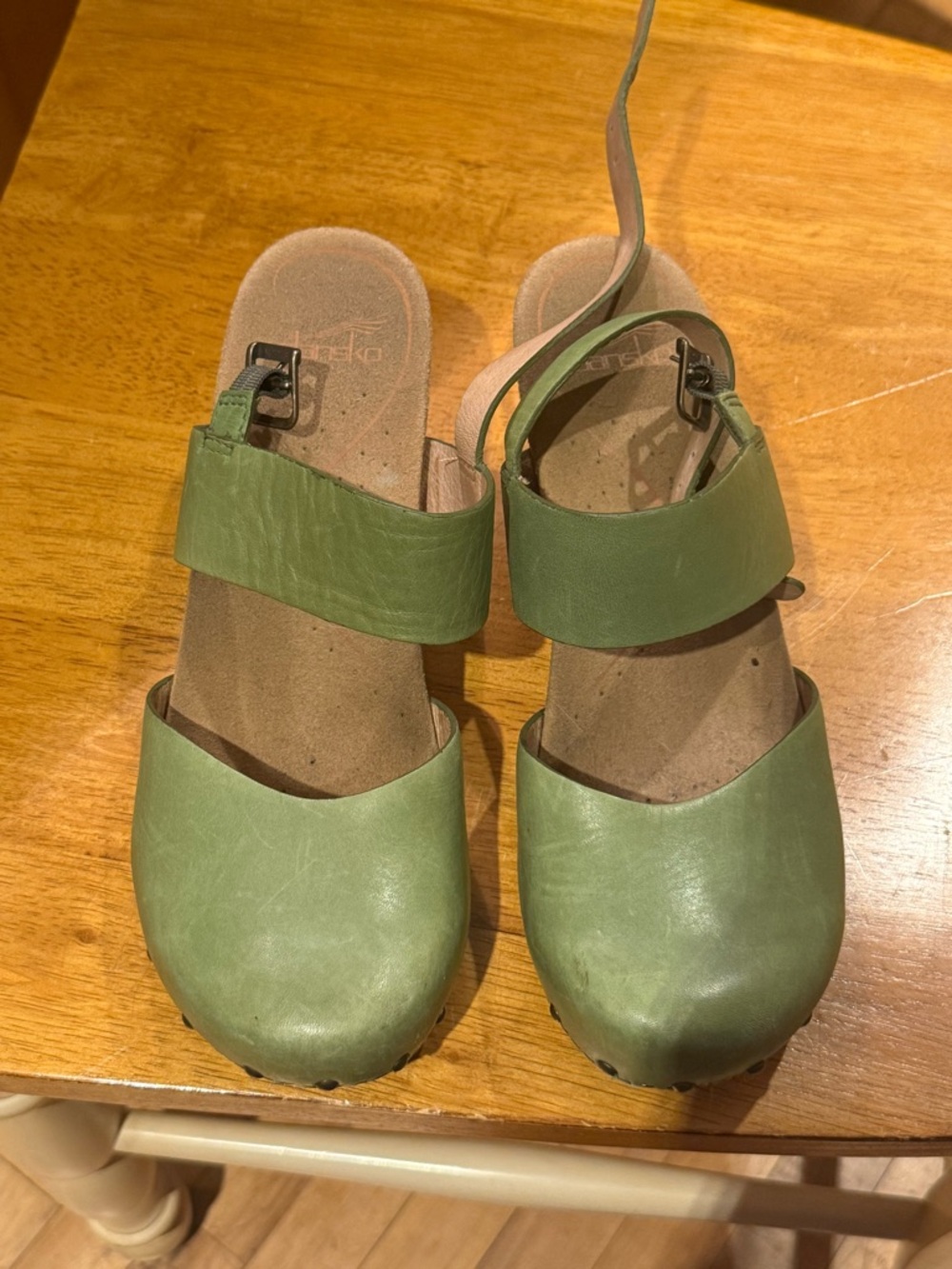 Dansko Green Leather Strap Clogs with Ankle Tie
